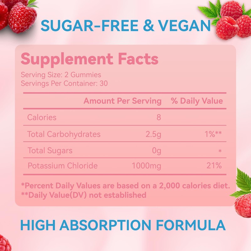 Potassium Gummies, Potassium Chloride 1000mg for Adults, Chewable Potassium Supplement