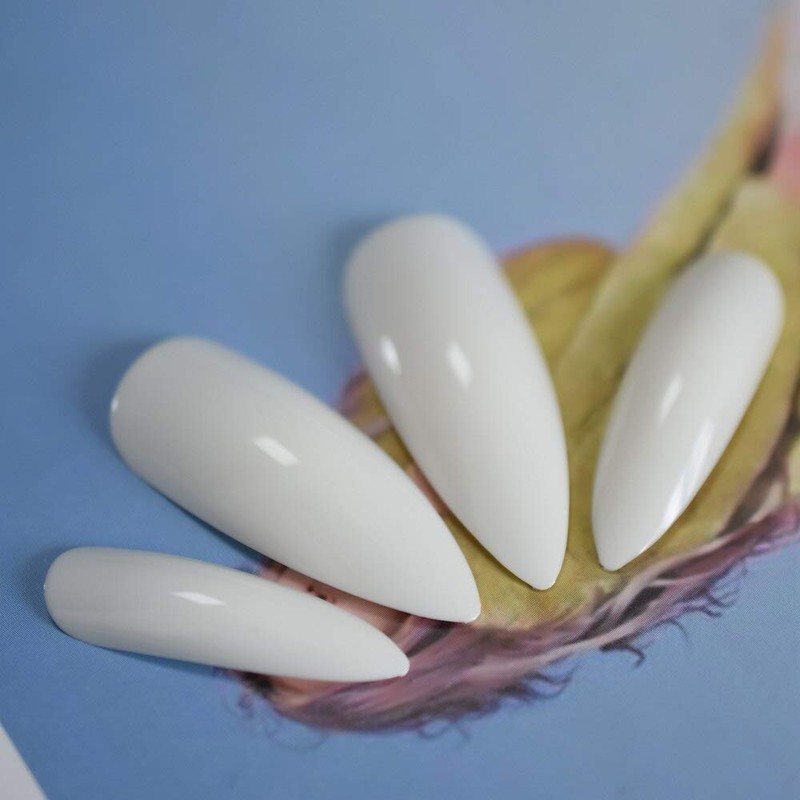 MISUD Extra Long False Nails Pure White Glossy Pointed Claw