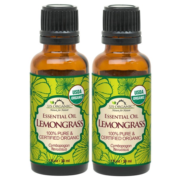 US Organic 100% Pure Lemongrass Essential Oil, USDA Certified Organic, Extracted by Steam Distillation Method, for Hair, Nail Polish Remover, Bees Attraction, and More. 30 ml, Value 2 Pack