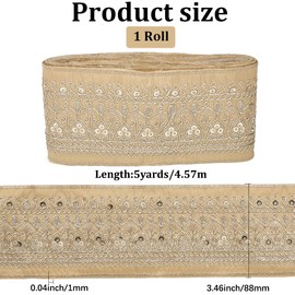 CABODYALS 3.46 Inch Gold Jacquard Embroidered Ribbon Polyester Sequin Bead Woven Trim Tape Wide Boho Floral Embroidery Fabric Applique Ribbons Bulk for Sewing Making Crafts Clothes Dresses Home Decor