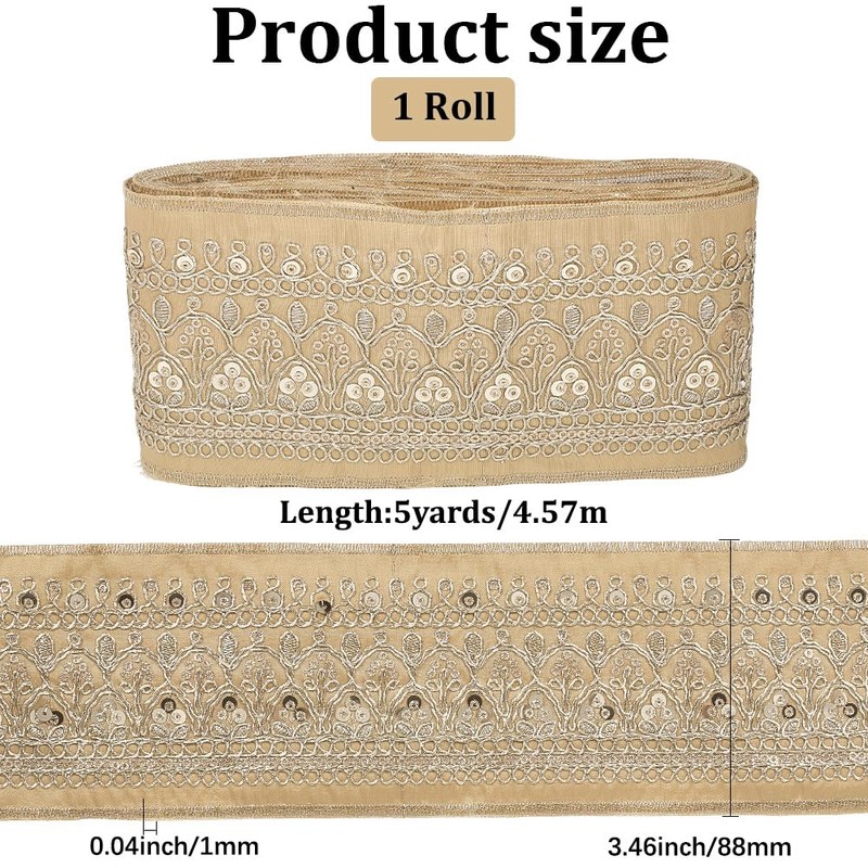 CABODYALS 3.46 Inch Gold Jacquard Embroidered Ribbon Polyester Sequin Bead