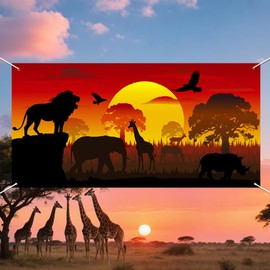 WADORN African Safari Photo Banner for Party Decor, 5.9x2.9ft African Wildlife Forest Photo Door Backdrop Props Decor Large Fabric Tropical Jungle Photography Background Birthday Party Supplies