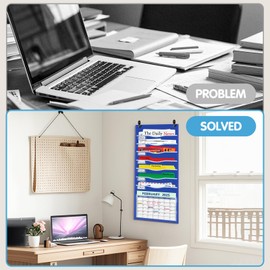 ALSLEA 15" Extra Wide Hanging File Organizer with 8 Pockets - Heavy Duty Classroom Pocket Chart, Wall Mounted Document Organizer with Writable Clear Pocket, 5 Wall/ Door Hooks & 12 Labels (Blue)