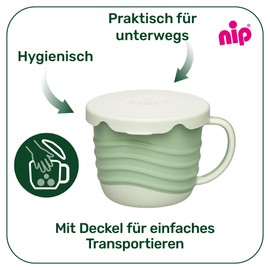 nip 2-in-1 snack box, shatterproof snack cup with lid for babies from 9 months made from over 90% renewable raw materials, ergonomic drinking cup and snack box in one, 250 ml, green