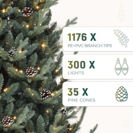 YITAHOME 6FT Prelit Hillside Spruce Christmas Tree with Remote Control, Pre-Decorated Artificial Hinged Holiday Xmas Tree w/ 1176 Mixed PE & PVC Tips, 35 Pine Cones, 300 Lights & 11 Light Modes