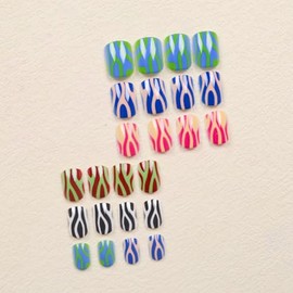 ONPRESS 24 uñas postizas cuadradas cortas de verano con rayas de colores, cobertura total, con pegamento en rojo, azul, verde, rosa, negro y blanco, r