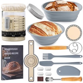 Angadona Sourdough Starter Kit, Sourdough Bread Baking Supplies, 40oz Sourdough Starter Jar, 9" Round & 10" Oval Silicone Bread Proofing Baskets Set, Bread baking tools,Silicone bread Sling