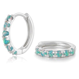 SILBERTALE 925 Sterling Silver Opal Hoop Earrings with White/Blue/Pink/Green Opal Gold Small Hoop Earrings Nickel-Free Earrings 6/8/10 mm, Sterling Silver