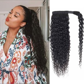 Seelaak Hair Short 14 Inch Curly Human Hair Ponytail Extensions for Black Women Wrap Around Ponytail Water Wave Ponytail Human Hair Feeling With Clip In Thick Ponytail Natural Looking Hairpiece 1B Natural Black (14Inch, Update 120g)