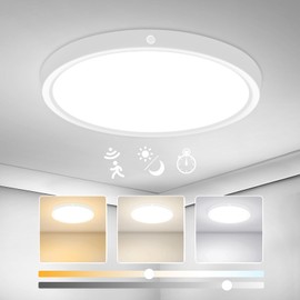 Yafido 12W/18W/24W Ceiling Light with Motion Sensor, 30 cm 3000K/4000K/6000K Round LED Lamps, IP44 Ceiling Light, Flat with Motion Sensor, 2/4/8 m Detection Distance Adjustable