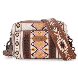 Wrangler Crossbody Bag for Women Boho Aztec Small Multi Pocket Crossover Purse - Color: Coffee