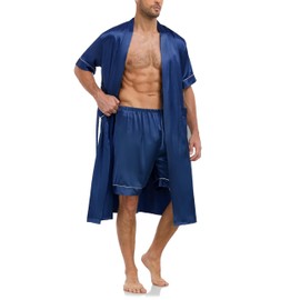 VOGMATE Men's Kimono Robe with Shorts 2 Pieces Silky Pajama Set Lightweight Satin Bathrobe Soft Sleepwear Navy XXL