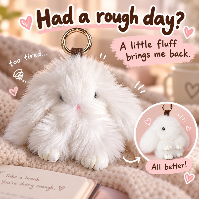 Fluffy Bunny Keychain for Bags & Keys – Messy or