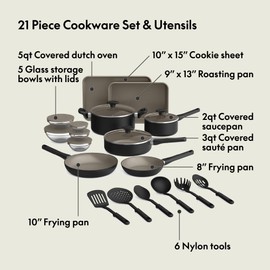 bella 21 Piece Kitchen Set with EverGood™ Ceramic Nonstick Coating​, Dishwasher & Oven Safe, All Stovetops Compatible, Tempered Glass Lids & Cool Touch Handles, Black