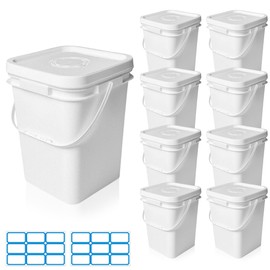 MXOYOXM 8 Pcs 5 Gallon Square Bucket with Lid,Plastic Square Bucket with Handle Heavy Duty Food Grade Buckets with Label Stickers for Paint Storage,Crafts(White)