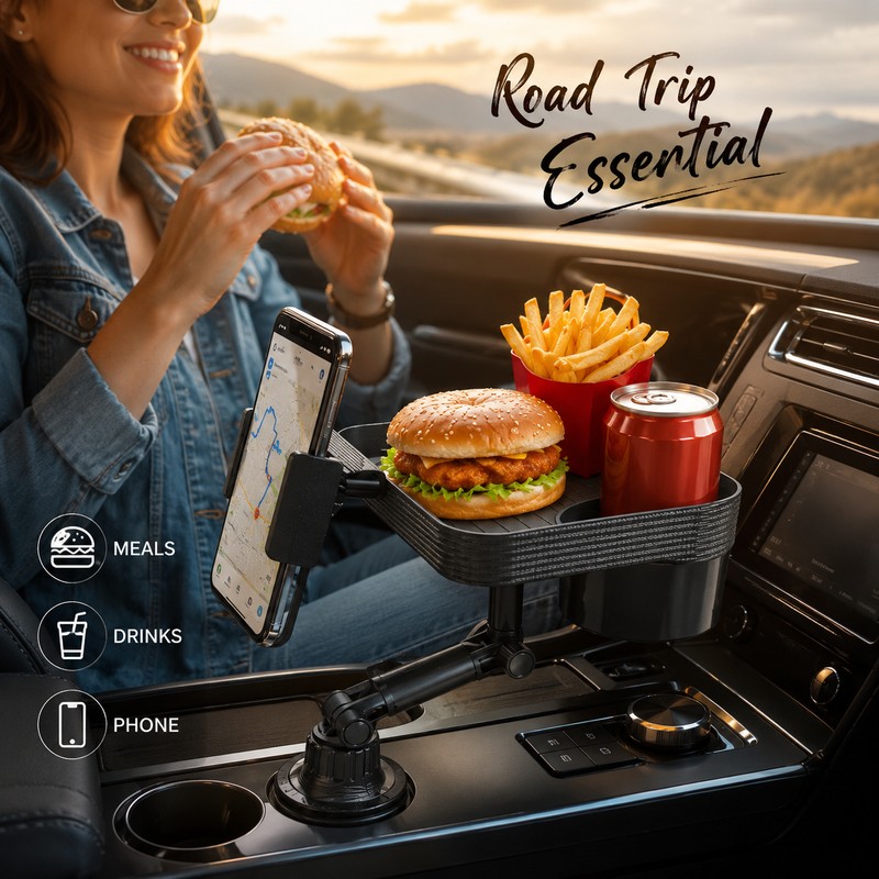 Adjustable Car Cup Holder Tray for Road Trips – 360°