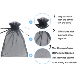 Wudygirl 100pcs Drawstring Organza Bags 5 x 7 Inch Black Transparent Jewelry Lipstick Pouches Baby Shower Party Wedding Holidays Favor Seashell Candy Favor Bags(Black 5x7'')
