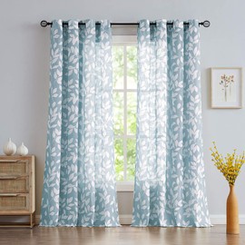 Treatmentex White Blue Curtains for Bedroom 72 inches Long Living Room Drapes Leaf Print Semi-Sheer Curtains for Kitchen Windows, Grommet Top, 2 Pack