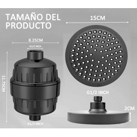AZULDIMEN Regaderas para Baño de Lluvia de Alta Presión de 6" con filtro de ducha de 15 etapas, Ducha Tipo Lluvia para Agua Dura, Elimina Impurezas (Negro)