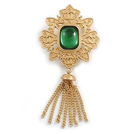 Vintage Inspired Green Glass Stone Tassel Square Royal Style Brooch in Matte Gold Tone - 70mm Drop