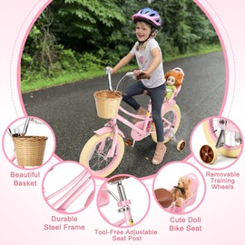 Glaf 12 14 16 20 Inch Girls Bike with Training Wheels for Kids Age 2-12 Years Old Toddler Girls Bike with Basket and Doll Seat Kids Bicycle Adjustable Seat (16 Inch with Training Wheels, Pink)