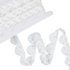 CABODYALS 1.25 Inch White Flower Pattern Ribbon Wavy Organza Lace Trim with Pearl Beads Floral Rounded Lace Edge Polyester Ribbon Trimming Bulk for Sewing Making Crafts Bouquet Packing Wedding Decor