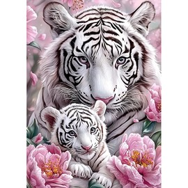 MAXBYE Diamond Painting Kits for Adults, 5D White Tiger Diamond Art Kits DIY Full Drill Animal Gem Art for Beginner, Pink Flowers Crystal Cross Stitch for Home Wall Decor Gifts 30x40cm