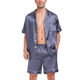 SWOMOG Mens Silk Satin Pyjamas Sets Short Sleeve PJs Sets Button-Down Sleepwear Notch Collar Loungewear S-XXL Deep Grey