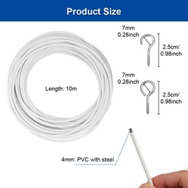 10 m Curtain Wire, White Curtain Wire, Curtain Wire, Curtain Cord, Plastic Coated Curtain Rope, Curtain Ropes with 25 Pairs of Screw Eyelets and Hooks, for Curtain Rods, Curtains, Shower Curtains