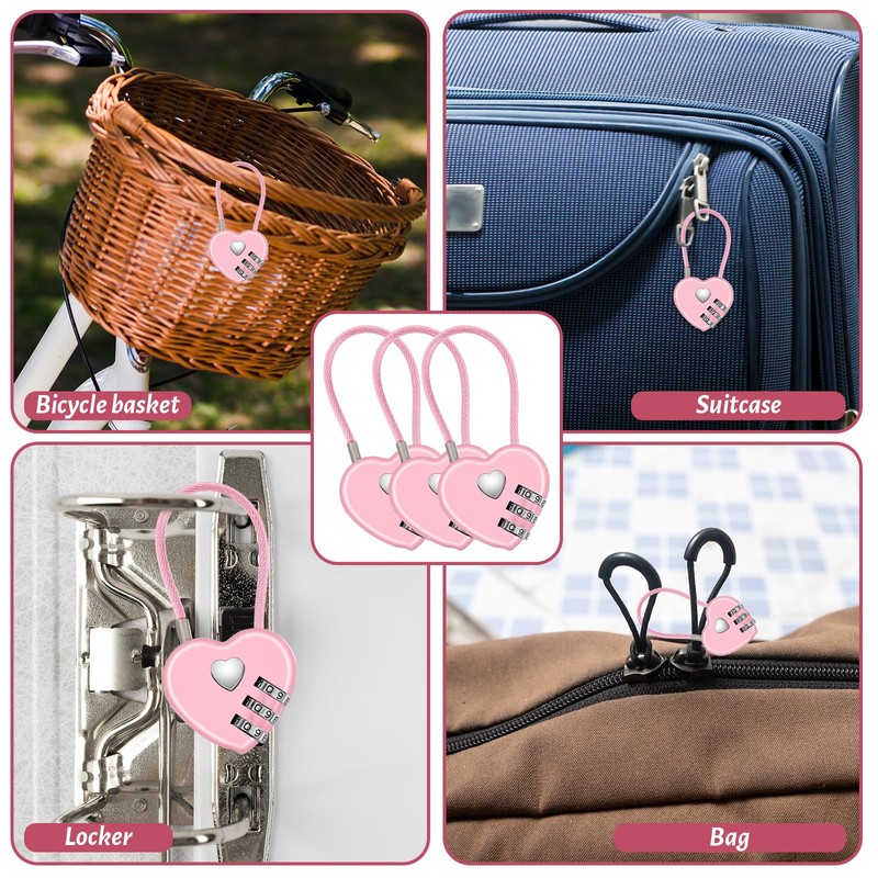 3Pcs 3 Digit Combination Lock for Locker, Pink Heart Lock