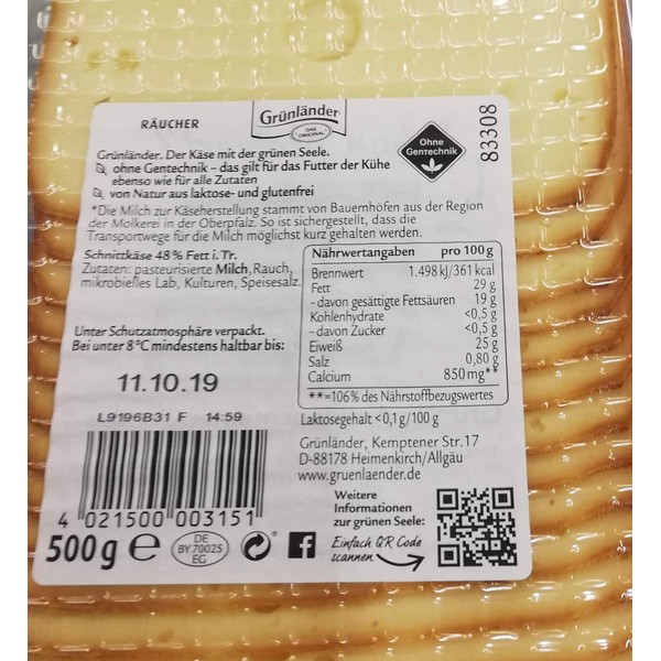 Grünländer Räucher Semi Solid Cheese 48% Fat per 500 g Pack