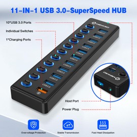 Powered USB Hub, MENKSID 11-Port USB Hub, 10 USB 3.0 Data Transfer Ports + 1 Smart Charging Port, Independent Switch (with LED Power Indicator), USB 3.0 Hub Powered with Power Adapter for Mac, PC