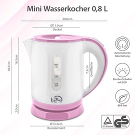 T24 Kettle 1 L, Small Kettle, Travel Kettle, Dry Run Protection, Lightweight (650 g), BPA Free, 1100 W, TÜV Rheinland GS Approved, Kettle, Kettle, Kettle, 1 Litre, Mini Kettle, Pink White