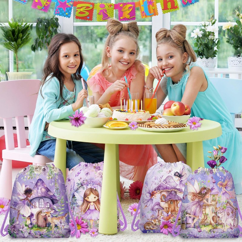 12 Pcs Purple Mushroom House Drawstring Non-Woven Bag Fairy Drawstring