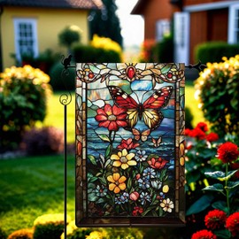 PureGorm Stained Glass Butterfly & Flower Garden Flag 12.5x18 Inches - Vibrant Ocean Backdrop, Handcrafted Design, Outdoor Yard Decor