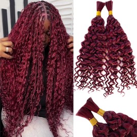 Human Braiding Hair for Boho Braids 99J Burgundy Curly Water Wave Bulk Human Hair for Braiding Wet and Wavy Braiding Hair Colored 2 Bundles/Pack 100g 14 Inch No Weft Hair Extensions for Boho Braids
