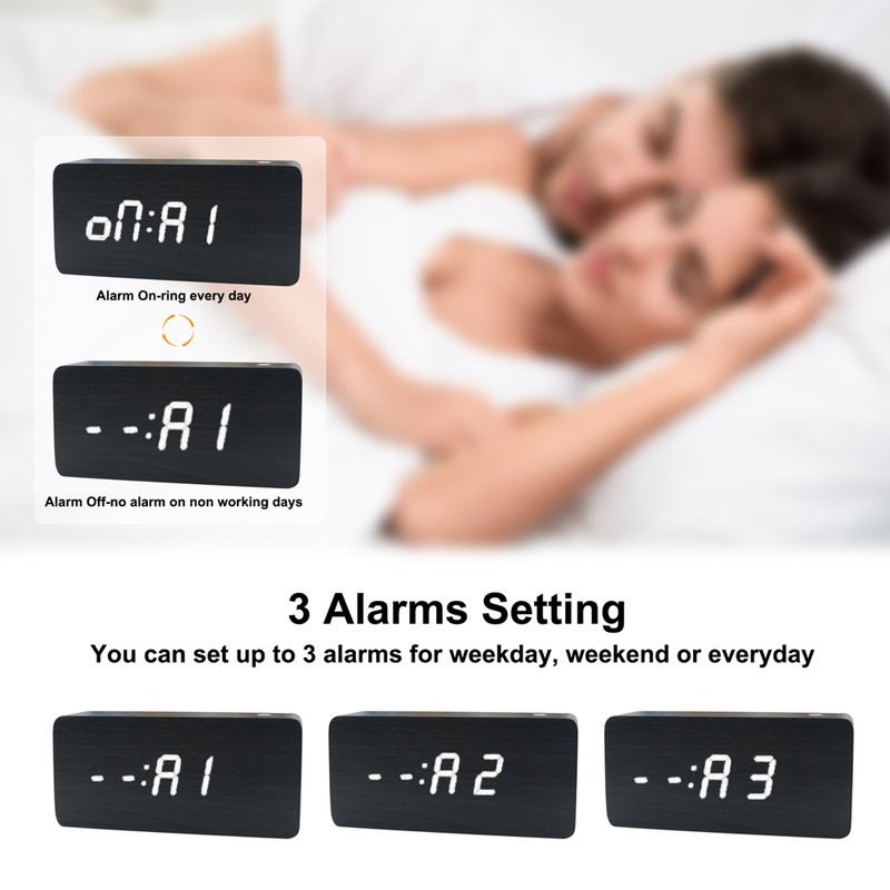 Wooden Digital Alarm Clock 8 Levels Adjustable Brightness Digital Clock
