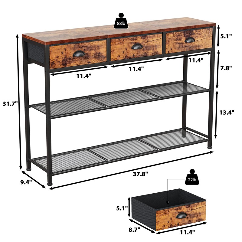 Furologee Entryway Table, 38'' Console Sofa Table with 3 Fabric