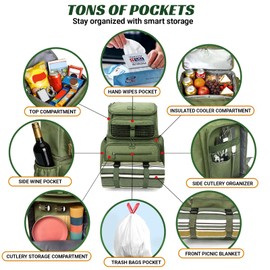 Hap Tim Large Picnic Basket Backpack for 4 with Insulated Cooler - Dry-Wet Separated, Multi-Pocket Organizer, Gifts for Couples, Wedding, Bridal Showers (Olive Green)