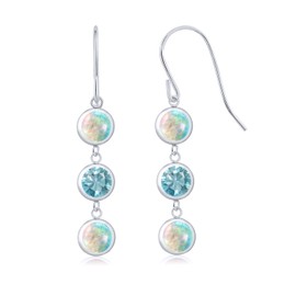 Gem Stone King 925 Sterling Silver White Simulated Opal and Blue Zircon 3 Stone French Wire Dangle Earrings For Women (3.70 Cttw, Gemstone October Birthstone, Round Cabochon 5MM)