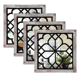 ZEXUIRU Set of 4 Wooden Rustic Square Wall Mirror Vintage Style Decorative Entry Mirror Farmhouse Wall Decoration for Living Room Bedroom Bathroom Kitchen 11.8 * 11.8inch Brown…