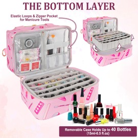 Jaffzora Nail Polish Organizer Case, Double Layers Nail Organizers and Storage, Holds 40 Bottles Gel Nail Polish&Nail Lamp, Travel Nail Supplies Carrying Bag for Nail Art Tech & Manicure Tools,Pink