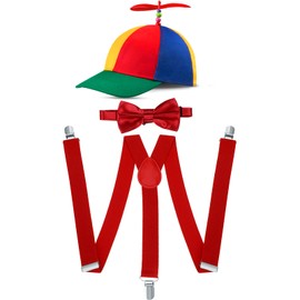 Yahenda Detachable Rainbow Top Clown Propeller Hats Adjustable Elastic Y Back Suspenders for Men Adult Costume Pre Bow Tied (Red)