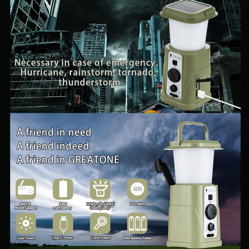 Camping Lamp Hand Cranked Solar Power Indicator LED IPX3 Waterproof
