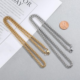 Garysiom 2 Pcs Chains for Men,4mm Stainless Steel Silver Gold or Black Wheat Necklace Chain for Men Women,16 Inch