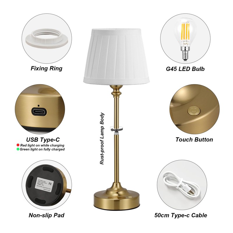 Cordless Table Lamp Rechargeable Gold - 1 Pack Brass 4000mAH