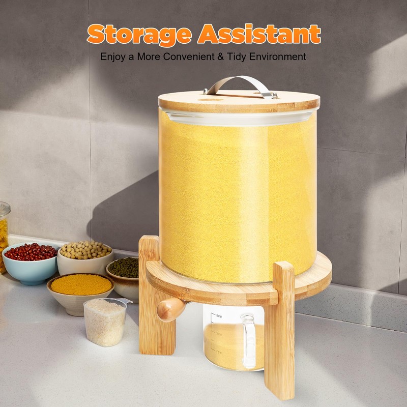Glass Rice Dispenser with Airtight Lid, Wooden Stand & Measuring
