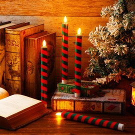 Retisee 24 Pieces Christmas Flameless Taper Candles Bulk Candy Cane Striped LED Candle Stick Battery Operated Taper Candles Flickering Candle Lights for Christmas Candles Decorations (Red and Green)