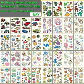 CHARLENT 300 Styles Glow in The Dark Tattoos for Kids, 36 Sheets Mixed Styles Luminous Temporary Tattoos for Boys Girls Party Favors Goodie Bag Fillers