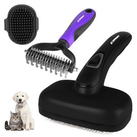 3PCS Dog Brush Kit for Dogs, Cats & Small Animals. Self-Cleaning Slicker Brush for Short & Long Hair, Haired Breeds, Dual-Sided Undercoat Rake, Bath Brush. Safe Steel Pins, Ideal for Most Pets. Black